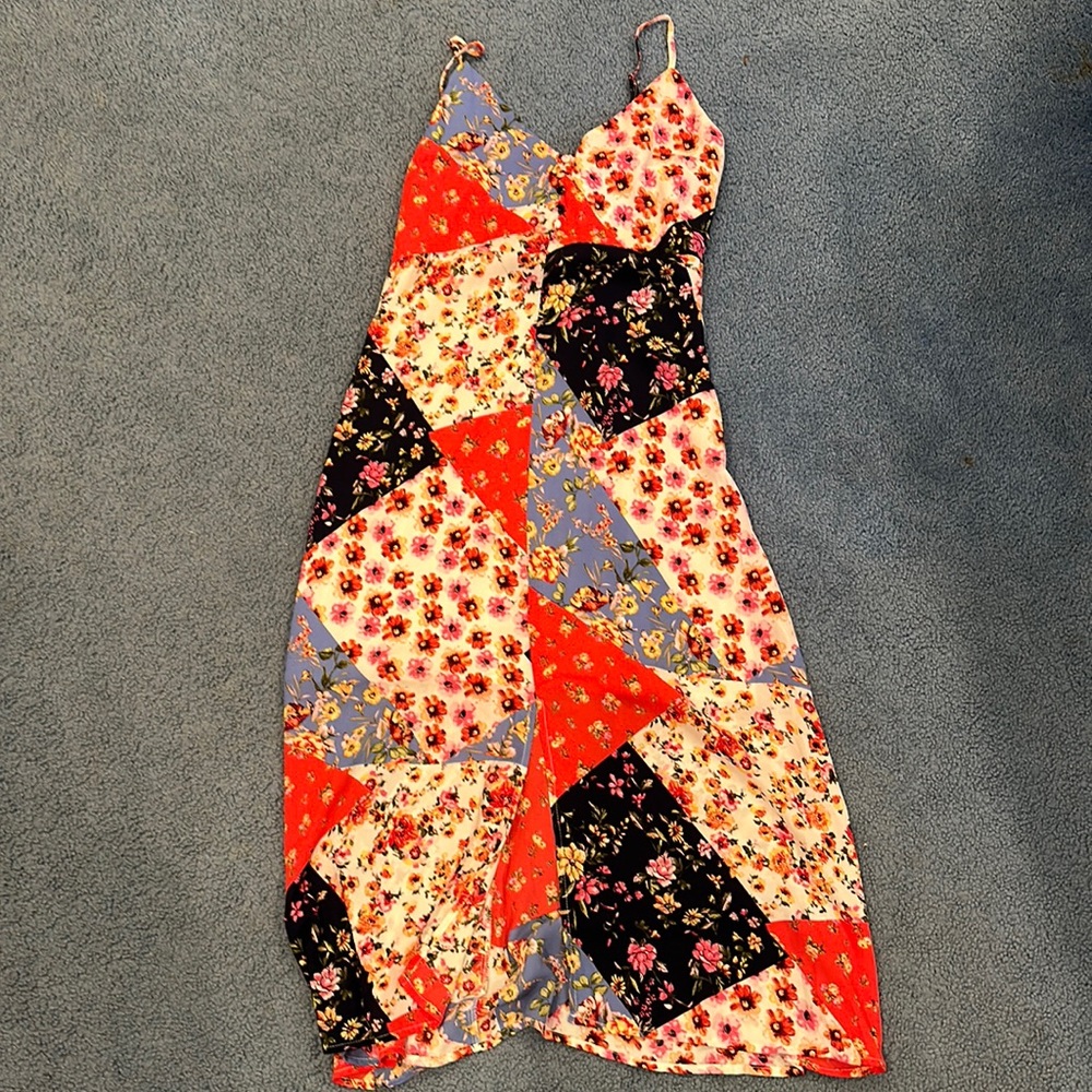 Multi Floral Center Slit V-neck Sun Midi Dress